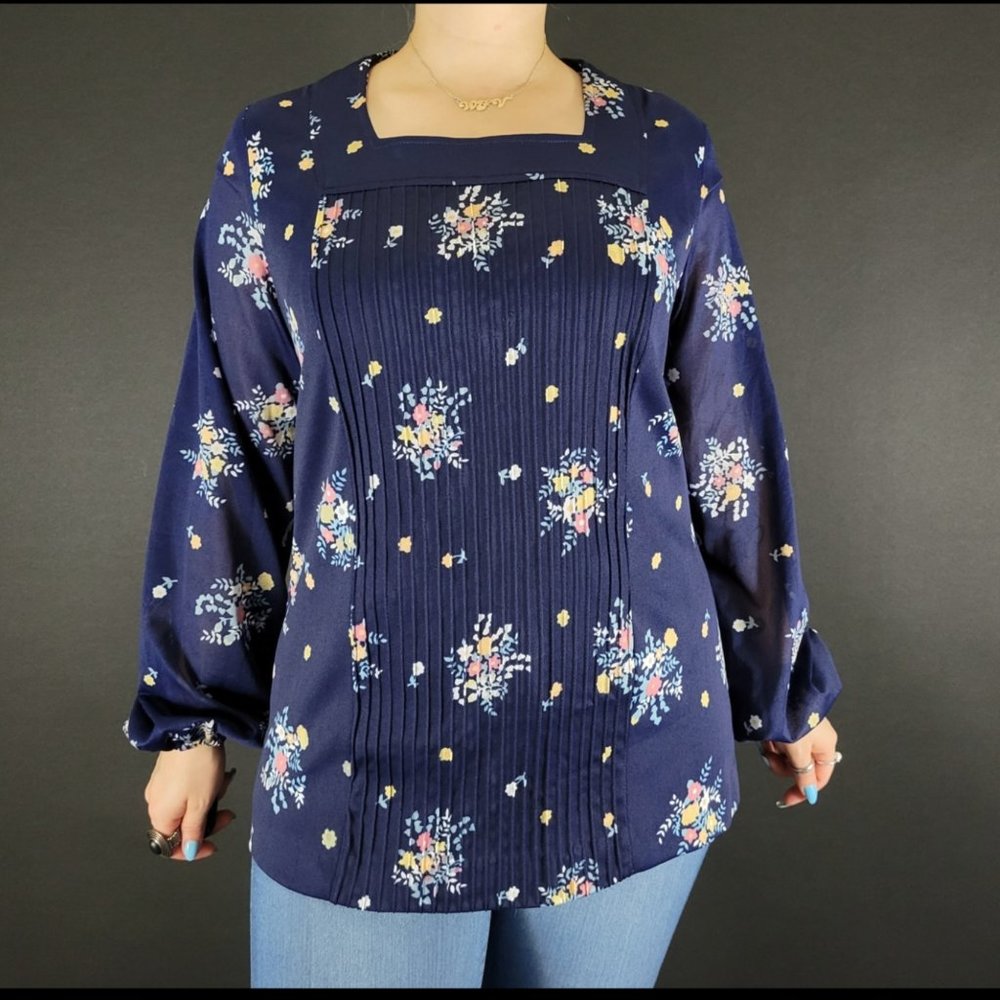 70s Navy Blue Floral Long Sleeve Pleated Top